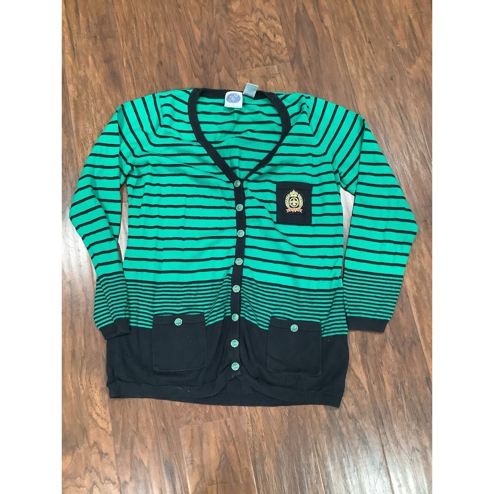 DG2 by Diane Gilman Cardigan Sweater Womens M Green Black Stripes Crest Logo